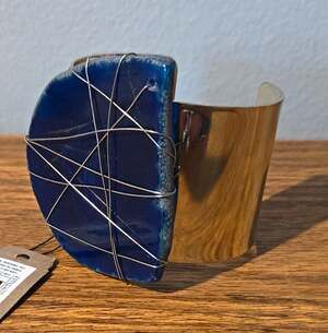 Boho Blue Agate Slice Statement Cuff Bracelet Wire Wrapped Raw Geode Stone Wide